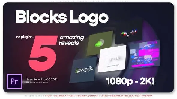 故障风格简约的草稿设计制作5种LOGO动画介绍PR模板下载 Blocks Logo Reveal Mini Pack 5in1