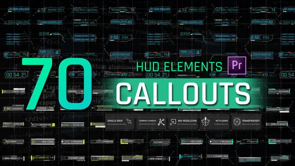 70个HUD高科技标注元素引用文本标题动画PR模板下载 HUD Elements Callouts For Premiere Pro