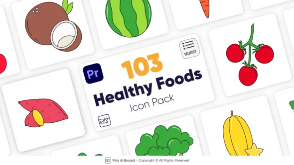 103个基于矢量的动画插图健康食品蔬果图标集合PR模板 Healthy Food Icons For Premiere Pro