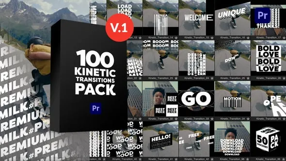 100个动画学排版标题转场过渡元素包PR模板下载 Kinetic Transitions Pack for Premiere Pro