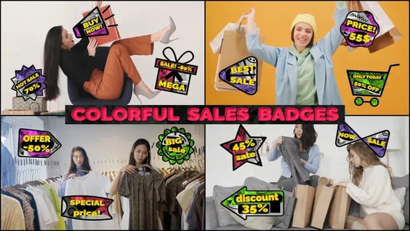 彩色销售价格贴优惠标签徽章贴纸动画AE与PR模板下载 Colorful Sales Badges