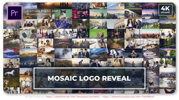 马赛克多屏拼贴视频墙标志介绍照片开场PR模板 Mosaic Photo Logo Reveal