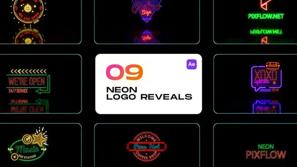 9组霓虹灯酒吧咖啡馆餐厅发光广告牌LOGO动画视频AE模版 Neon Logo Reveals