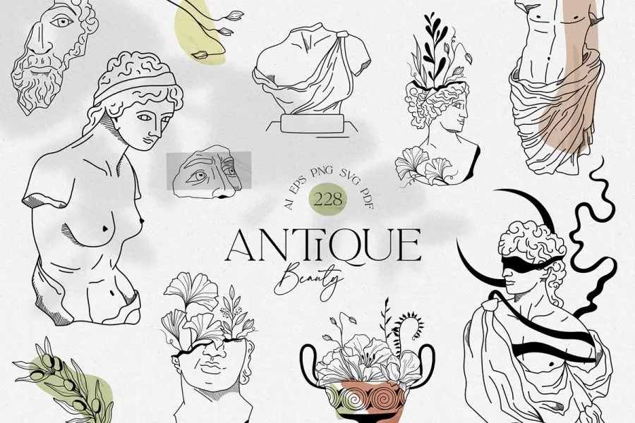 228张古希腊神话英雄人物雕像装饰饰极简艺术手绘线描插画AI矢量设计素材 Antique greek beauty – designs kit