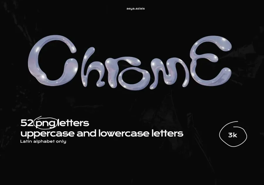52款酸性艺术镀铬抽象渐变纹理大小写3D英文字母创意PNG素材 Chrome Alphabet