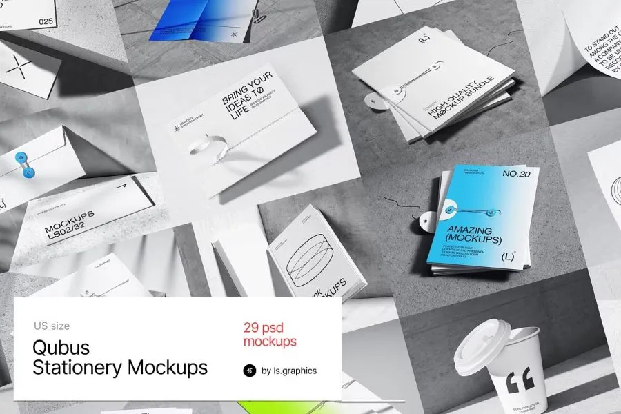 29套名片信封纸杯信纸档案袋轻奢办公VI文具贴图PSD样机 Qubus：Brutal Stationery Mockups