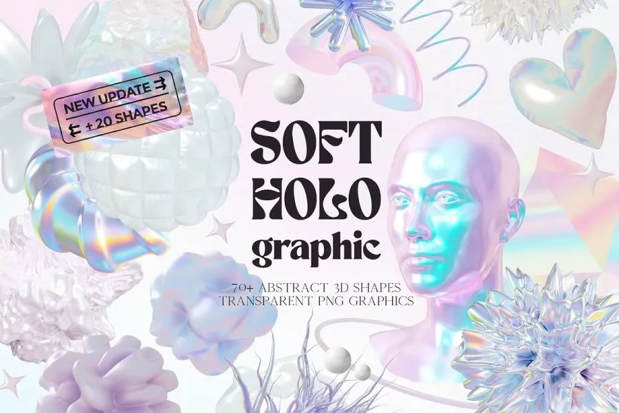 74款酸性艺术全息虹彩渐变纹理抽象3D几何图形PNG素材 Soft Holo Iridescence 3D Shapes