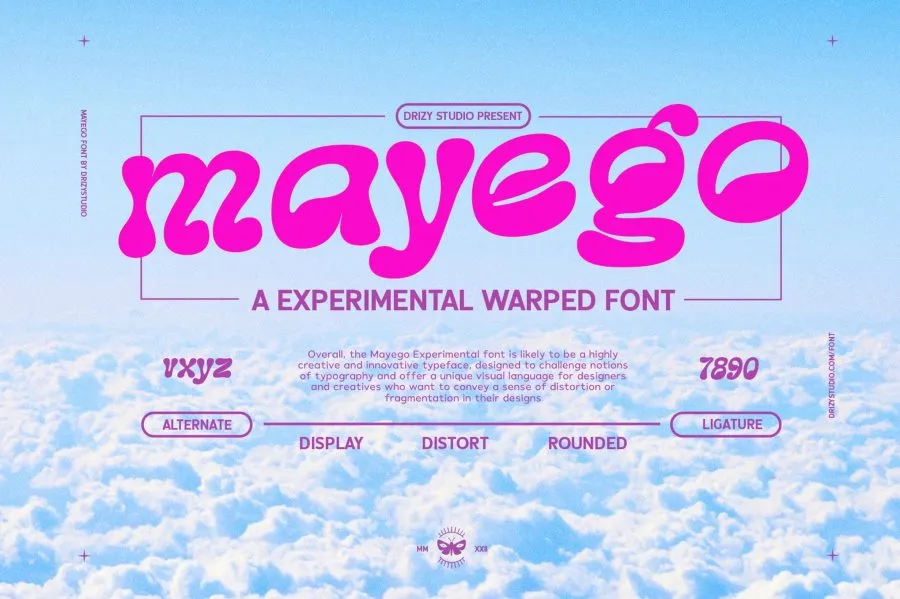 复古趣味手写Y2K流体气泡扭曲排版装饰英文字体 Mayego – Experimental Warped Font
