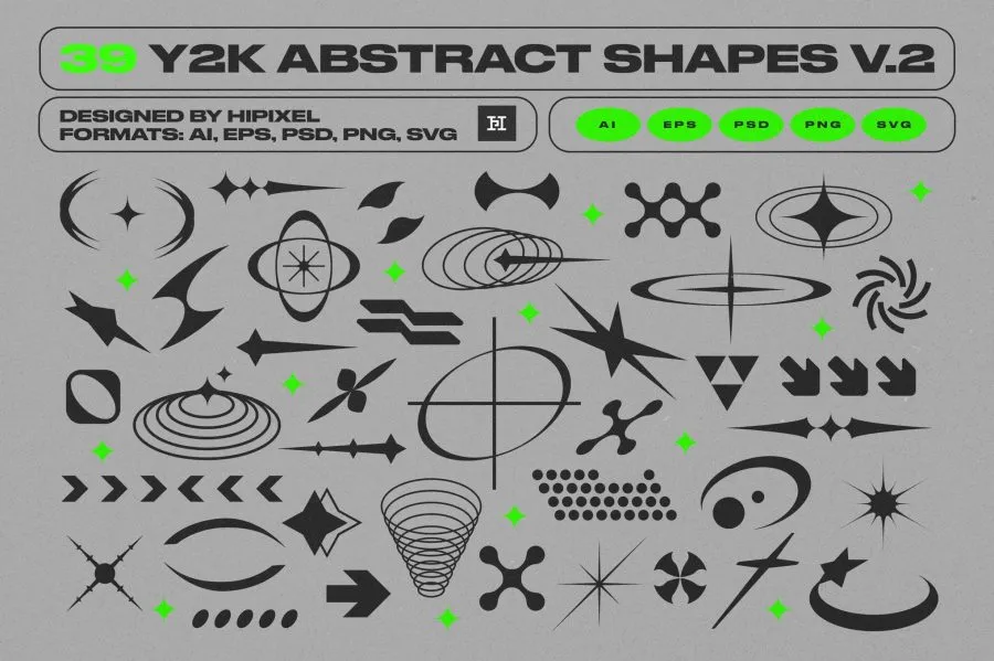 39款复古赛博朋克Y2K抽象科幻宇宙元素几何图形矢量素材 Y2K Abstract Retro Shapes v.2