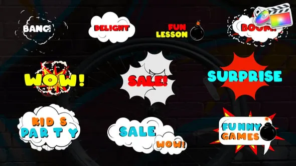 10组漫画卡通动画电视节目综艺视频字幕效果模板FCPX插件 Comic Titles FCPX