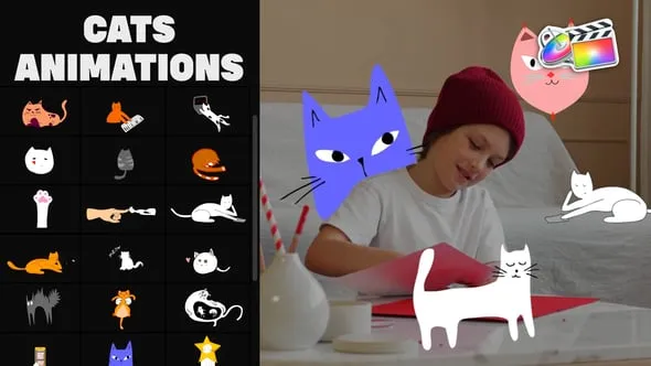 FCPX插件25只卡通猫MG图形动画视频制作元素素材 Cartoon Cats Animations for FCPX