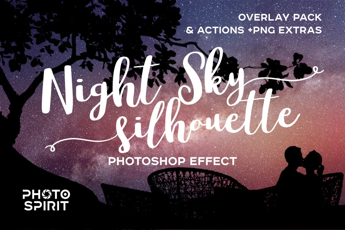 84张高清星空银河极光闪电叠加夜空元素剪影PNG素材+PS动作 Night Sky Silhouette Actions
