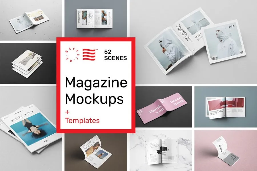 52款书本杂志图书手册装订效果展示PS模型样机 Magazine Mockups – 52 Scenes