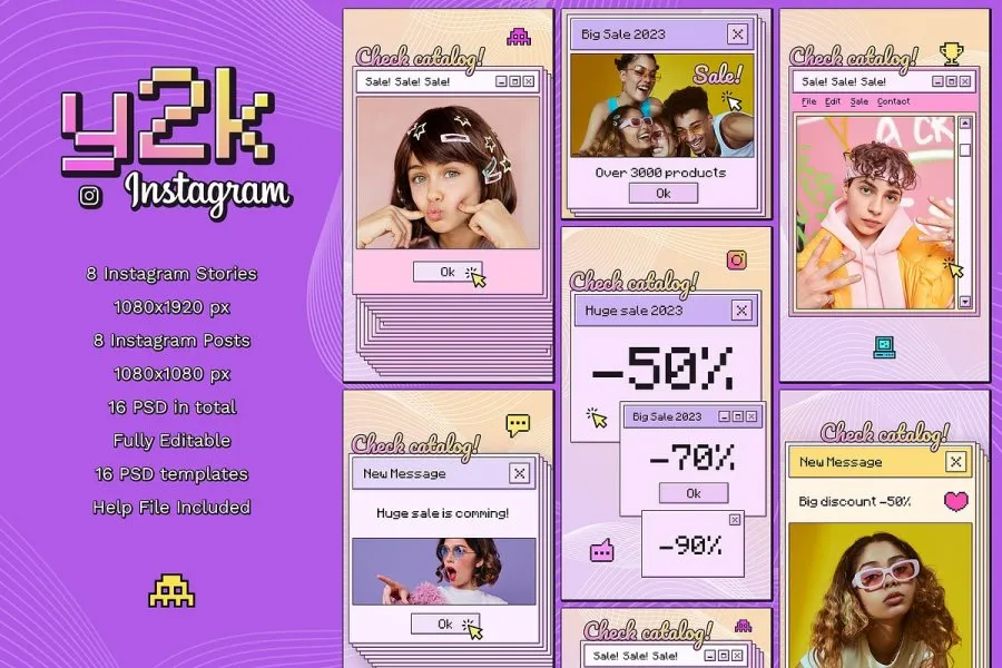 16个复古计算机弹窗2000年代Y2K风格INS故事纪念相册PSD模板 Y2K Instagram Posts & Stories