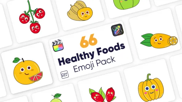 66个卡通瓜果蔬菜水果美食表情动画FCPX插件 Healthy Food Emoji Pack