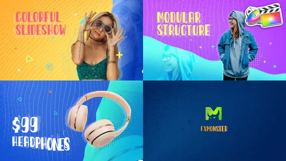 10种缤纷多彩时尚图形场景包装图文介绍动画FCPX插件 Colorful Liquid Slideshow