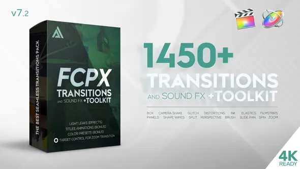 1450个冲击缩放旋转弹跳平移滑动扭曲变形抖动水墨转场特效文字标题动画FCPX插件+音效/4K炫光素材 Transitions and Sound FX + Bonus v7.2
