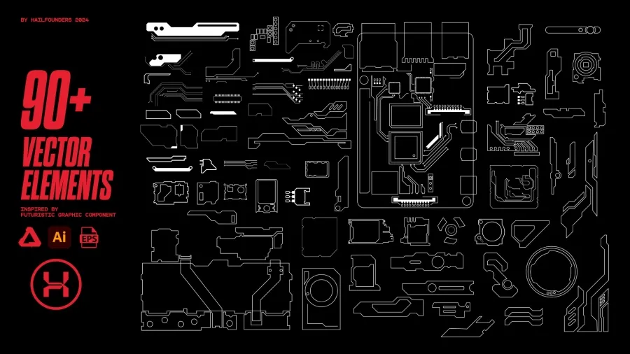 90+科幻赛博科技HUD边框框架AI矢量图形设计素材 Hailfounders – 90+ Sci-Fi Vector Elements