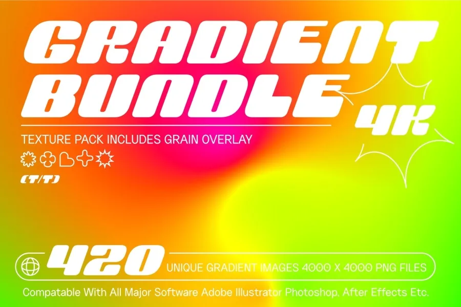 420款潮流时尚鲜艳明亮Y2K风格颗粒渐变背景设计图片素材 Gradient Backgrounds Pack