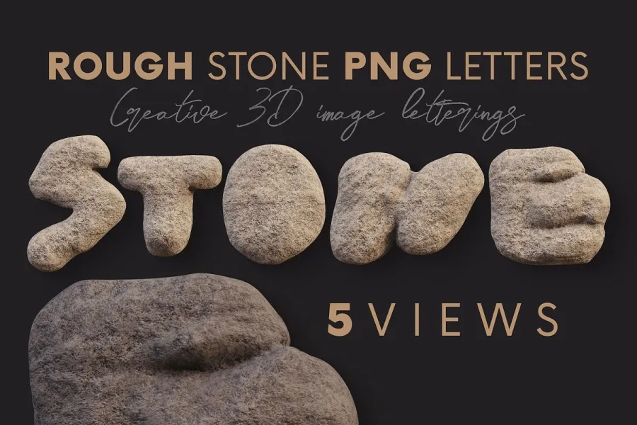 43个粗糙岩石风化打火石纹理字母数字符号图片素材 Rough Stone – 3D Lettering