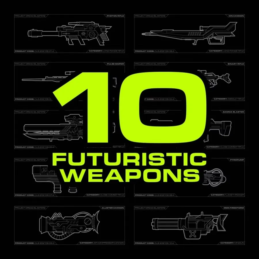 未来科幻赛博科技虚拟游戏高能激光枪支射击武器AI矢量素材 Futuristic Weapons Vectors