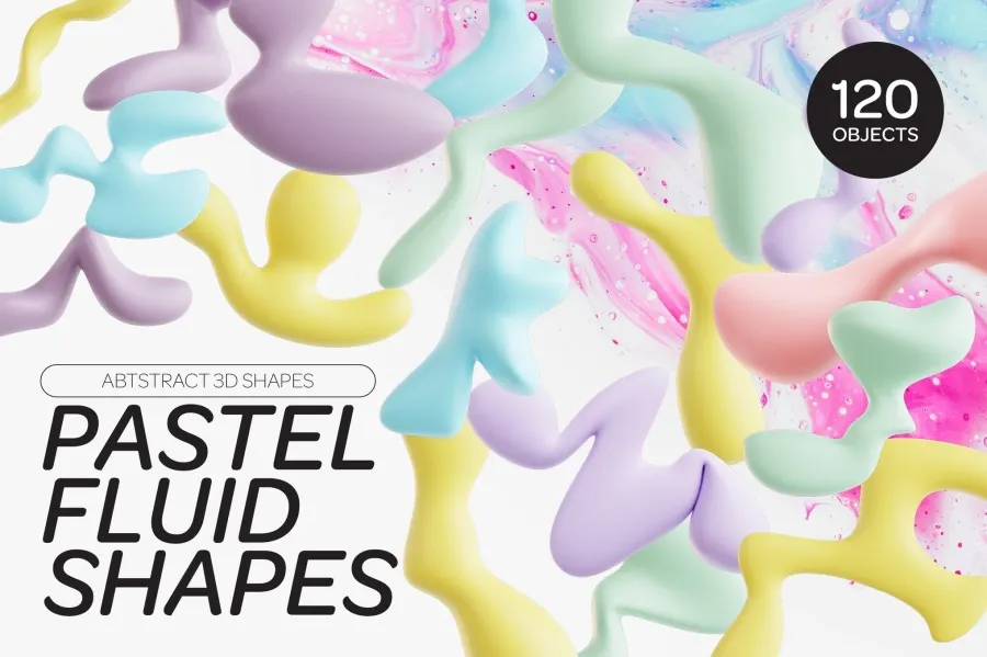 120款创意3D三维多彩流体弥散光抽象艺术图形OBJ/FBX/PNG格式 Pastel Fluid Shapes 3D Icon Set