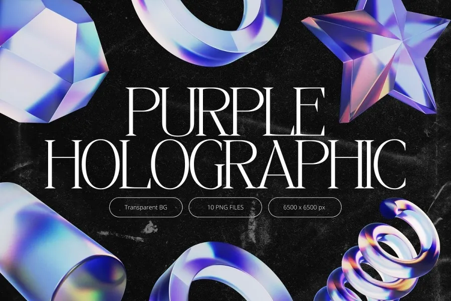 10个全息渐变紫色光影抽象概念3D形状PNG图片素材 3D Purple Holographic Shapes
