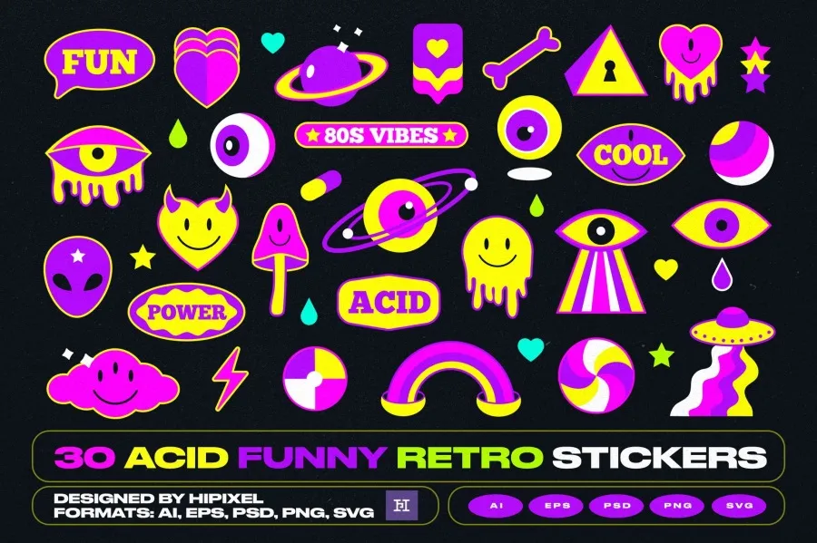 30张趣味复古Y2K酸性卡通表情贴纸AI矢量图形素材 30 Funny Acid Retro Stickers