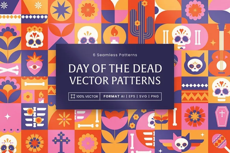 墨西哥亡灵节主题活动艺术设计插图无缝纹理图案矢量素材 Day of the Dead Patterns Set