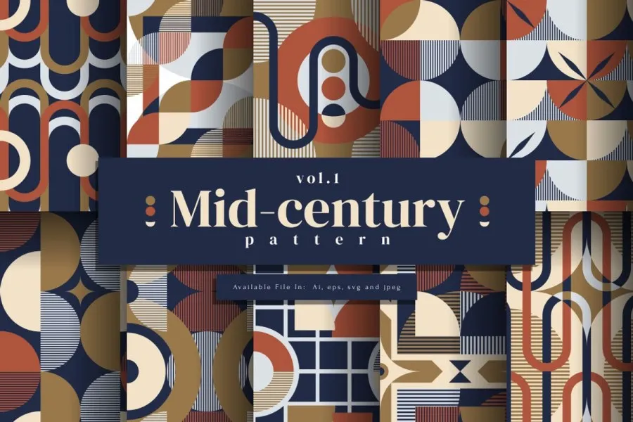 10款中世纪欧洲宫廷文化风格图形艺术设计插图无缝纹理图案矢量素材 Mid-century pattern Vol.1