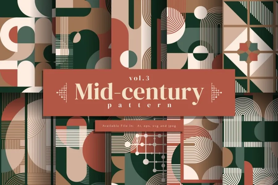 10款中世纪欧洲宫廷文化风格图形艺术设计插图无缝纹理图案矢量素材 Mid-century pattern Vol.3