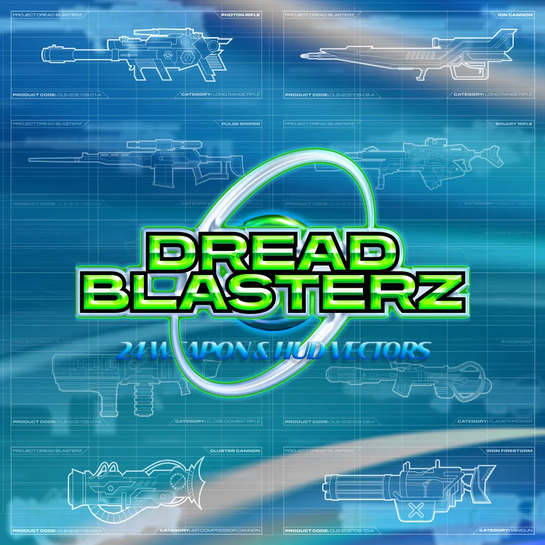 50款科幻虚拟游戏机甲射击枪械能量激光武器HUD矢量图创意设计AI素材 Dreadlabs – Dread Blasterz